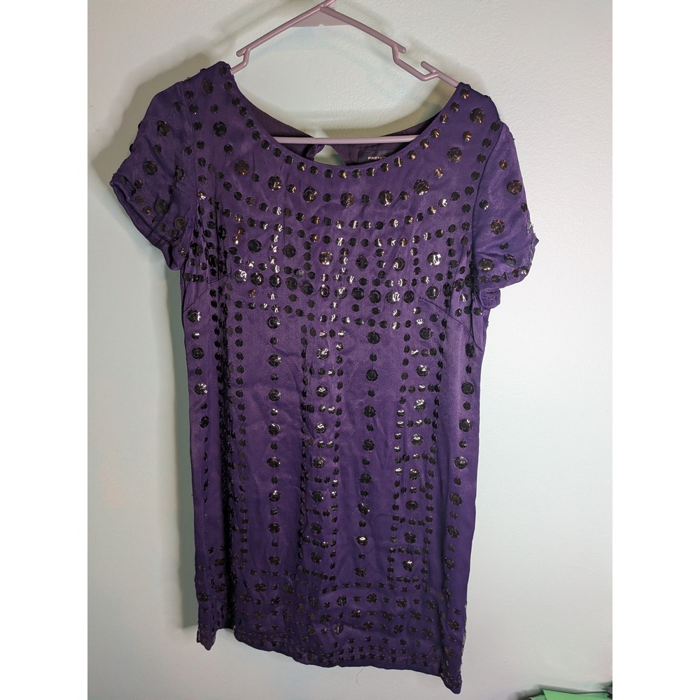 French Connection Purple Sequin Mini Shift Dress Womens Size 6 Keyhole Back